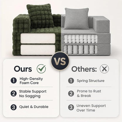 COMAX Futon Sofa Bed, Convertible Sofa Bed, Folding Boneless Couches | Boneless Couch for living room, Fold Out Small Foldable Loveseat Floor Sleeper Mattress Lounge Space‑Saving, Classic Green