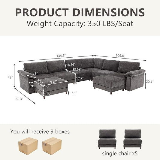 Oversized Modular Cloud Couch with Removable Washable Cover, U-Shaped Sectional for Large Living Room, Plush Chenille & Deep Seat（Grey）