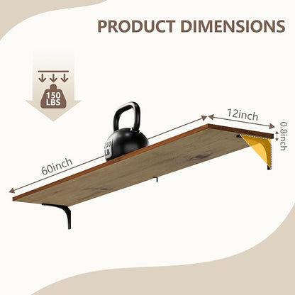 12 Inch Deep Floating Shelves Set of 2, 60 Inch Extra Wide Solid Wood Wall Shelves, 5ft Heavy Duty Wall Mounted Bookshelf with 100 lbs Capacity for Kitchen, Living Room & Bedroom