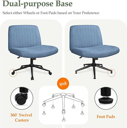 Orange Factory Criss Cross Chair Wheels Wide Cross Legged Office Desk Vanity Dual Base Comfy Fabric Armless Adjustable Swivel for Home Computer Task (Blue Dual Base, Fabric)