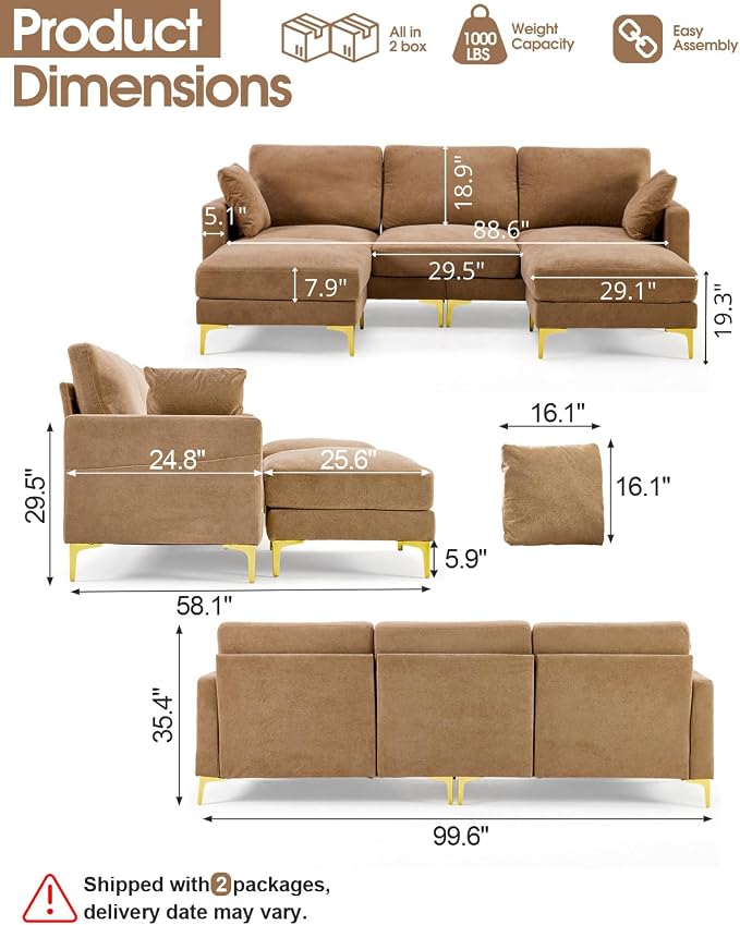 Karl home 99.6" 3-Seat U-Shaped Sectional Sofa, Khaki | Chenille Upholstered, 2 Movable Ottomans, Cloud-Like Seat, 2 Throw Pillows, Comfy Deep Seat, Living Room, Apartment, Office