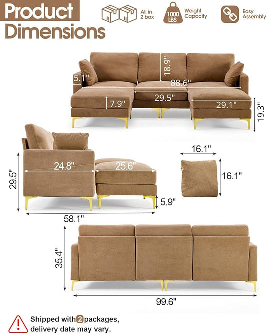 Karl home 99.6" 3-Seat U-Shaped Sectional Sofa, Khaki | Chenille Upholstered, 2 Movable Ottomans, Cloud-Like Seat, 2 Throw Pillows, Comfy Deep Seat, Living Room, Apartment, Office