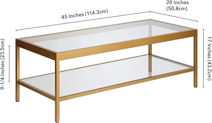 Henn&Hart 45" Wide Rectangular Rectangular Coffee Table in Brass, Modern Rectangular Coffee Tables for living room, studio apartment essentials | Open lower shelf adds practical storage while the glass design keeps spaces feeling bright