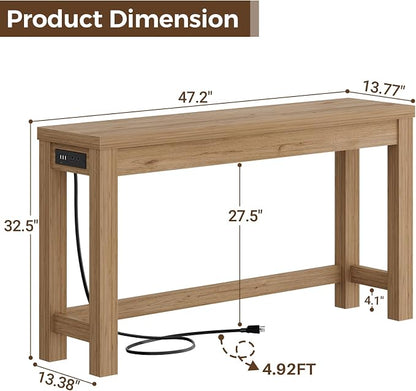 Cyclysio 47" Console Table with Charging Station, 13.8" Deep Farmhouse Sofa Table Behind Couch with 2 AC Outlets & 3 USB Ports, Entryway TV Console or Compact Home Office Desk, Natural Oak