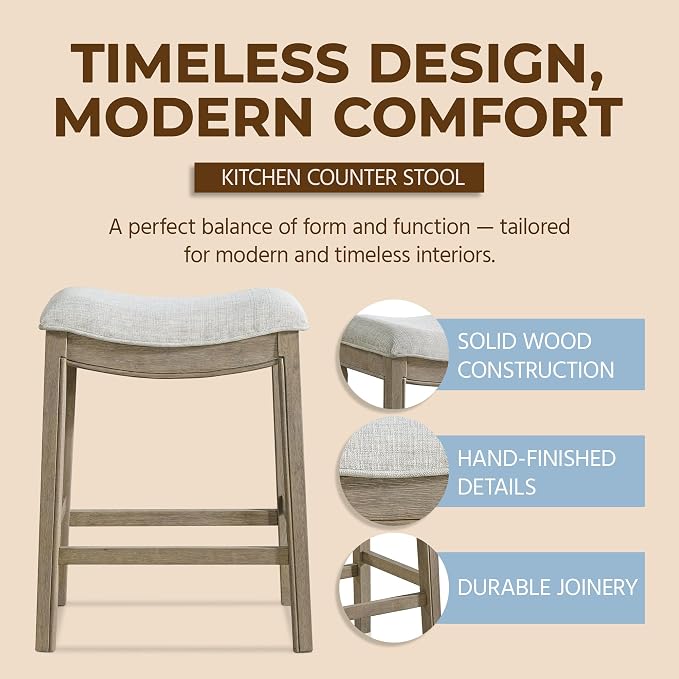 ROME + OAK Set of 3 Parker 26 Inch Counter Stool, Backless Saddle Kitchen Barstool in Reclaimed Oak Finish with Grey Fabric Upholstery Cushion Seat