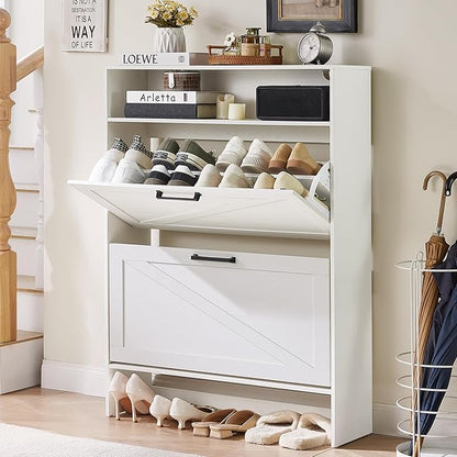 RWYHG Shoe Cabinet Storage for Entryway with 2 Flip Drawers Open Storage Layer Rack Narrow Organizer Slim Hidden Wood Shoe Cabinet Furniture White