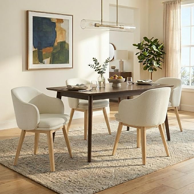 KISLOT Wooden Dining Chairs Set of 2, Fabric Upholstered Modern Dining Room Chairs with Barrel Backrest & Double-Layer Thick Cushion for Living Room, Restaurant, Kitchen and Café, Beige