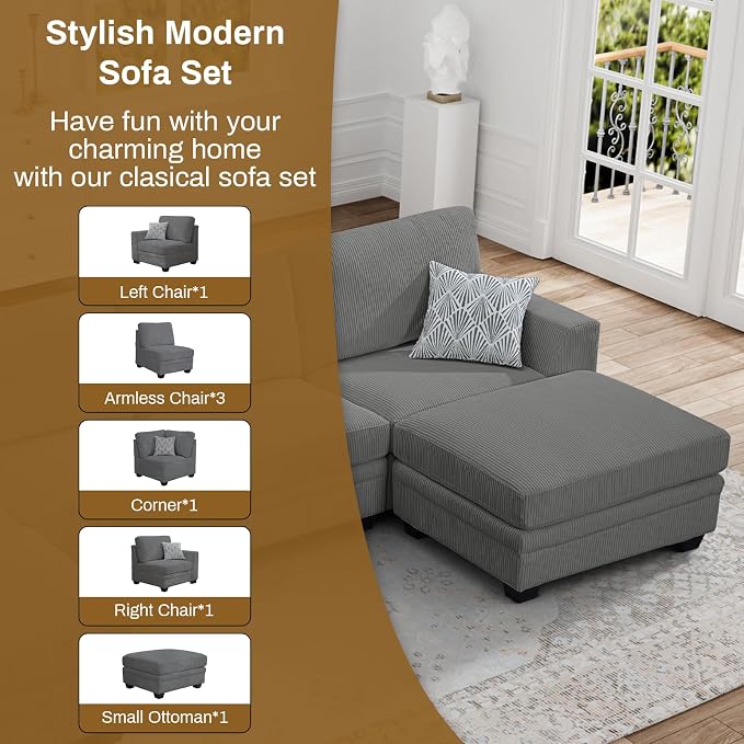 Legend Vansen Oversized Modular Sectional Sofa,7 Seat U Shaped Couch with Ottoman,Corduroy Sofa with Deep Seat,Convertible Large Sectional Couches for Living Room (Grey, L-9）