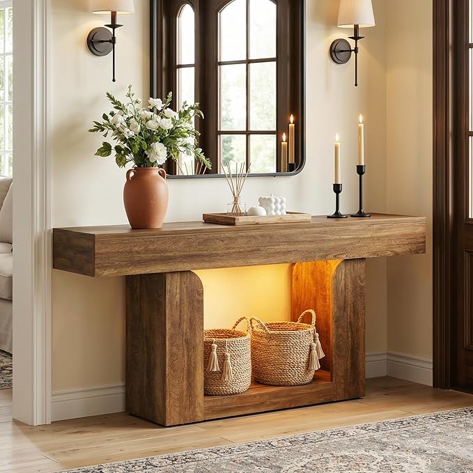 Homieasy Console Table, 63" Entryway Table with LED Lights & Charging Station, Farmhouse Wooden Sofa Table Behind Couch, Narrow Hallway Table for Living Room, Foyer, Entry, Rustic Oak