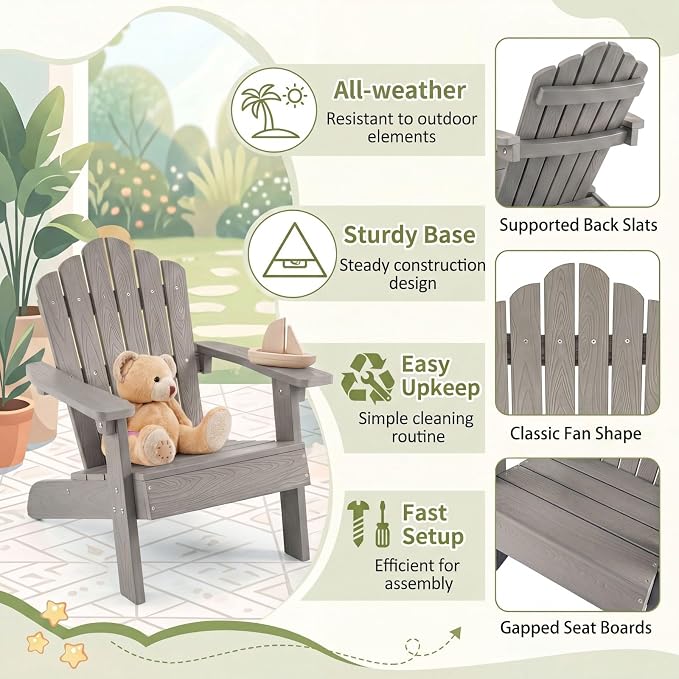Giantex Kids Adirondack Chair, All-Weather HIPS Children's Outdoor Chair with Tilted High Backrest, Toddler Beach Chair for Garden Patio Backyard, Kids Lawn Chairs for Age 3-7 (2,Gray)