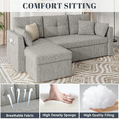 Huatean Home Sleeper Sofa Couch, 2 in 1 Sectional Sleeper Couch Bed with Side Pocket, Pullout Sofa Bed with Storage Chaise for Living Room, Light Grey