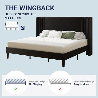 Allewie King Size Velvet Platform Bed Frame with Vertical Tufted Wingback Headboard, Easy Assembly, Under Bed Storage, No Box Spring Required, Modern Style, Black