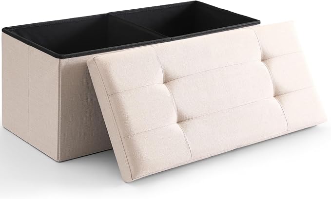 Storage Ottoman Bench Foldable Seat Footrest End of Bed Ottoman with Flipping Lid for Living Room, 75L, 30 inches Linen Fabric Beige