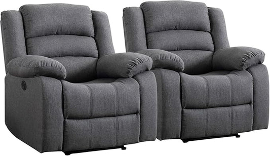 EBELLO Classic Power Recliner Chair, Oversized Electric Overstuffed Chair with Thicked Cushion and Back, Single Sofa with Comfortable Armchair, Gray, 2Pcs