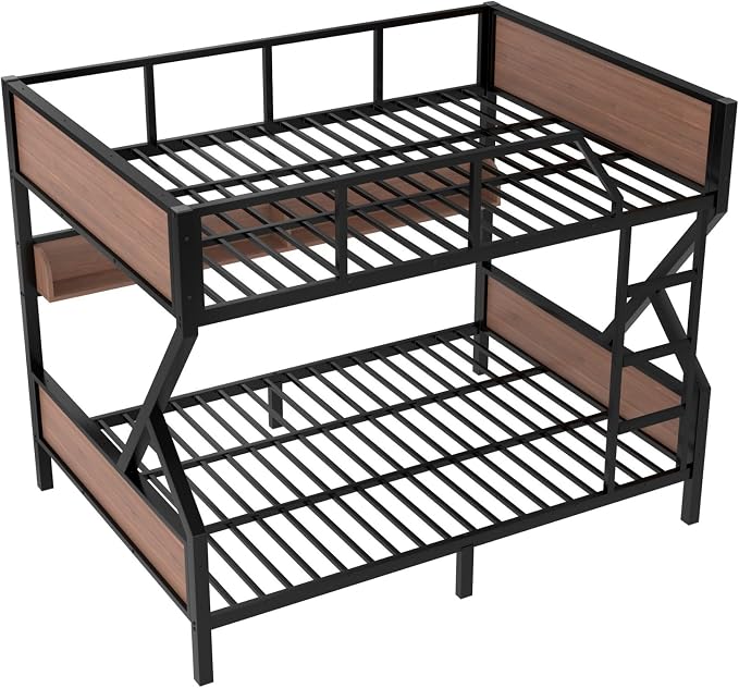 KEIKI Queen Over Queen Bunk Bed, Heavy Duty Metal Bunkbed with Storage Shelves, Lights, Bottom Space & Guardrail for Aldults Dorm Bedroom Guest Room, No Box Spring Needed, Noise-Free Design