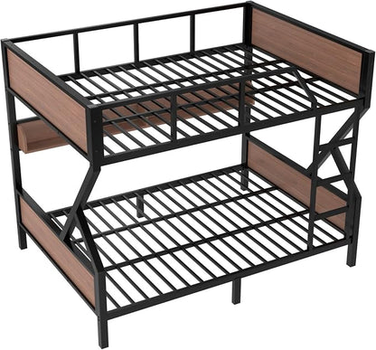 KEIKI Queen Over Queen Bunk Bed, Heavy Duty Metal Bunkbed with Storage Shelves, Lights, Bottom Space & Guardrail for Aldults Dorm Bedroom Guest Room, No Box Spring Needed, Noise-Free Design