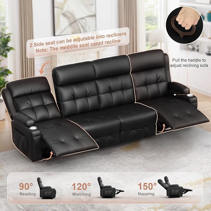 Reclining Couch, 113" PU Leather Sofa Recliner with Massage - 4 Seat Home Theater Seating Comfy Soft, Manual Wall Hugger Reclining with Lumbar Support Sofa Set for Family Living Room, Black