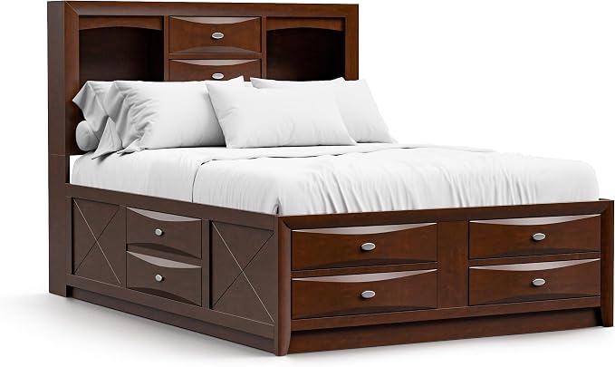 Furniture of America Darius Transitional Solid Wood 3-Piece Queen Platform Bedroom Set with Drawers, Bookcase Headboard and Knob Pulls, Mattress Ready, Dark Cherry