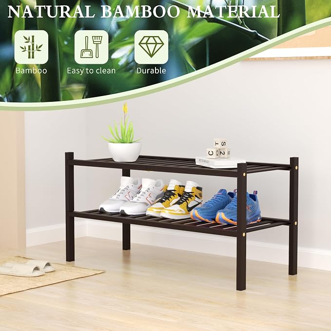ROMGUAR CRAFT 2 Tier Bamboo Shoe Rack for Closet Free Standing Wood Shoe Shelf for Entryway Small Space Stackable 27"x11"x13" (Brown)