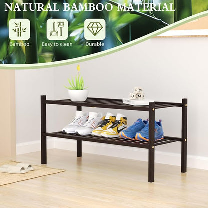 ROMGUAR CRAFT 2 Tier Bamboo Shoe Rack for Closet Free Standing Wood Shoe Shelf for Entryway Small Space Stackable 27"x11"x13" (Brown)