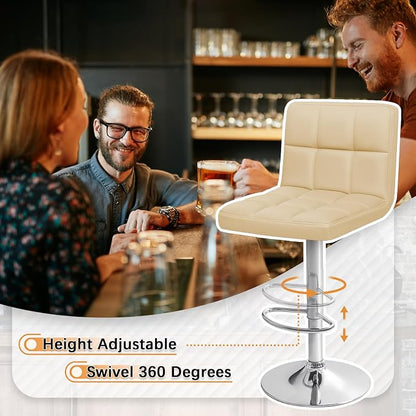 Homall Bar Stools Modern PU Leather Adjustable Swivel Barstools, Armless Hydraulic Kitchen Counter Bar Stool Extra Height Square Island Barstool with Back Set of 2 (Leather, Beige)