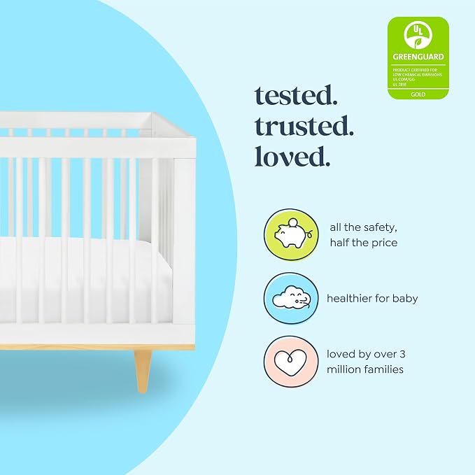 Davinci Marley 3-in-1 Convertible Crib w/Mattress - White & Natural | FSC & GREENGUARD Gold Certified Crib Convertible to Toddler Bed & Daybed - Includes Mattress - Conversion Kit Sold Separately