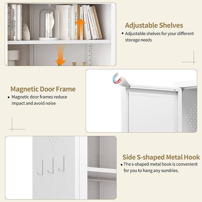 Kitchen Pantry Cabinet, 61" H Storage Cabinet with Doors and Adjustable Shelves, Spacious Cupboard with 2 Handles, Metal Kitchen Cabinet for Dining Room, Living Room, White