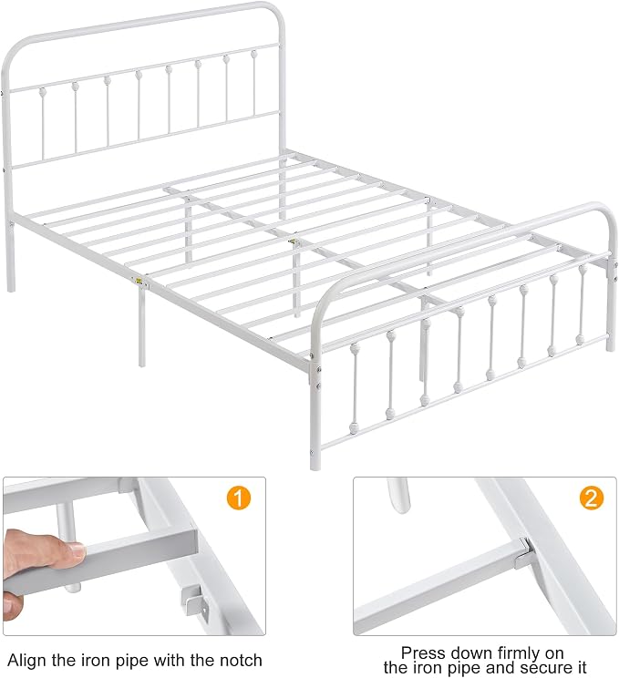 VECELO White Metal Bed Frame Queen Size with Vintage Headboard and Footboard, No Box Spring Needed, Premium Stable Steel Slat Support Mattress Foundation