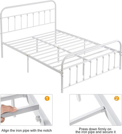 VECELO White Metal Bed Frame Queen Size with Vintage Headboard and Footboard, No Box Spring Needed, Premium Stable Steel Slat Support Mattress Foundation