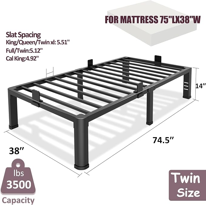 Bilily 14 Inch Twin Bed Frame Metal Platform with Round Corner Legs,3500 LBS Heavy Duty Steel Slats Support,Headboard Compatible,No Box Spring Needed,Easy Assembly,Mattress Retainer,Underbed Storage