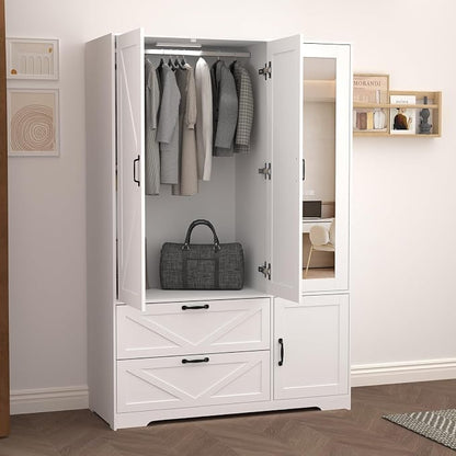 Armoire Wardrobe Closet with 3 Door, Bedroom Armoire with Mirror, LED Light, Hanging Rod, Drawers,Adjustable Shelves,Large Capacity Closet for Bedroom,47.2L,White