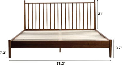NTC Inno Wooden Bed Frame with Headboard, Solid Oak and Rubber Wood Foundation with Silent Slats and Wood Central Supports, 1000 Lb Capacity, Effortless Assembly, King - Dark Walnut