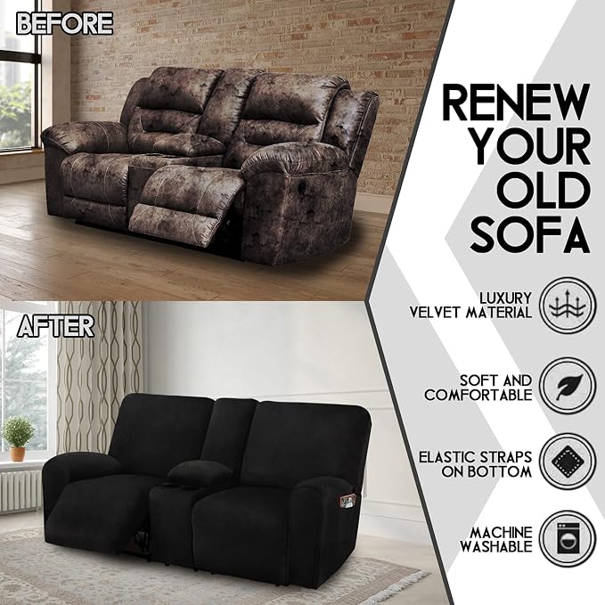 ULTICOR Reclining Loveseat with Middle Console Slipcover, 8-Piece Velvet Stretch Loveseat Reclining Sofa Covers, 2 Thick, Soft, Washable, Covers ONLY (Black)
