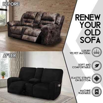 ULTICOR Reclining Loveseat with Middle Console Slipcover, 8-Piece Velvet Stretch Loveseat Reclining Sofa Covers, 2 Thick, Soft, Washable, Covers ONLY (Black)