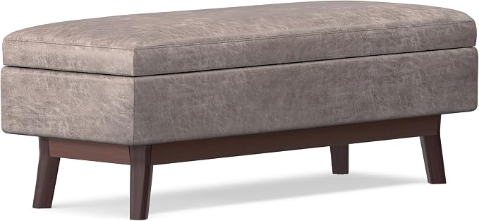 SIMPLIHOME Owen Rectangular Storage Ottoman - 48 inch Wide Upholstered Vegan Leather Lift-Top Ottoman in Distressed Grey Taupe, Mid-Century Modern Ottoman for Living Room with Tufted Detail