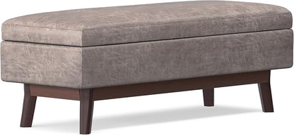 SIMPLIHOME Owen Rectangular Storage Ottoman - 48 inch Wide Upholstered Vegan Leather Lift-Top Ottoman in Distressed Grey Taupe, Mid-Century Modern Ottoman for Living Room with Tufted Detail