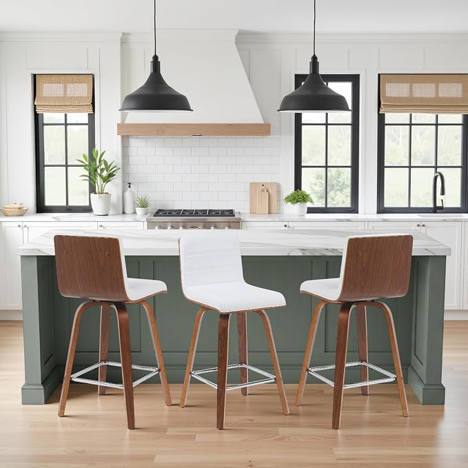 Vienna Modern Counter Height Swivel Bar Stool with Snow White Faux Leather Seat and Walnut Finished Wood Frame Set of 3