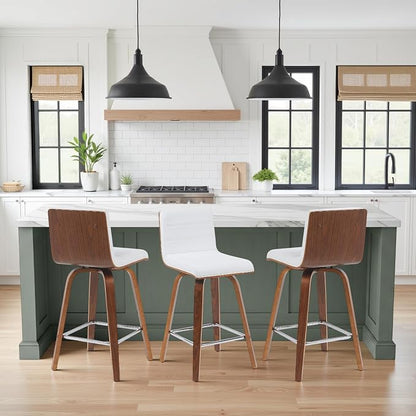 Vienna Modern Counter Height Swivel Bar Stool with Snow White Faux Leather Seat and Walnut Finished Wood Frame Set of 3