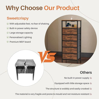 Sweetcrispy Nightstand with Charging Station, Dimmable LED Light Strip, 5 Fabric Storage Drawers, USB-C & AC Outlets, Sturdy Adjustable Feet, Modern Multifunctional Bedside Table, Brown
