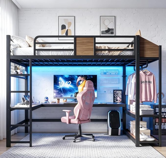 Bellemave Queen Size Loft Bed with Desk and USB Ports, Clothes Hanging Rod, LED, Metal Full Loft Bed Frame for Adults, Kids, Teens, Black