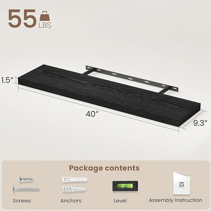 Vivelove 40 Inch Floating Shelves, Deep Wall Shelves with Invisible Brackets, Display Shlf for Bathroom Living Room Kitchen Bedroom Office Farmhouse Home Decor, 40" X 9.3" X 1.5" - Set of 2, Black