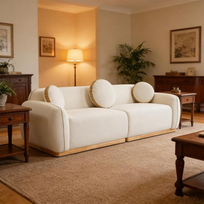 91'' Chenille Cloud Couch, 3 Seater Modern Luxury Sofa with 3 Round Pillows, Solid Wood Base, Easy Assembly, Plush Comfy Upholstered Couch for Living Room, Apartment (Cream White)