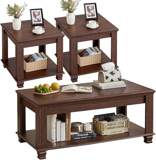 SAVOR LIFE Farmhouse Coffee Table Set of 3,Rustic Wooden Living Room Table Set,Large Coffee/End Side Tables with Open Shelf for Living Room,Walnut