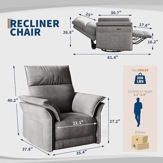 IDEALHOUSE Power Recliner Chair, 270 °Swivel Rocking Glider with USB Charging Port, Chenille Upholstered Fabric and Double-Layer Armrests, Nursery Chair for Living Room, Nursery(Gray)