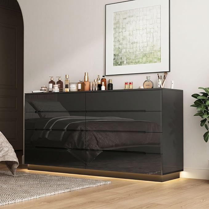 Modern High Gloss Dresser with LED Lights, 8 Drawer Dresser for Bedroom, Bottom Warm Lights, Handle-Free Design, 63" Contemporary Chest of Drawers Black 63" W x 15.7" D x 30.9" H
