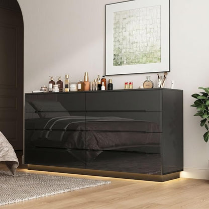 Modern High Gloss Dresser with LED Lights, 8 Drawer Dresser for Bedroom, Bottom Warm Lights, Handle-Free Design, 63" Contemporary Chest of Drawers Black 63" W x 15.7" D x 30.9" H