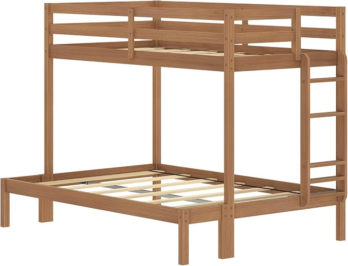 Grain & Grove Bear Twin Over Full Bunk Bed, Sturdy Bunk Bed Frame for Kids, Plywood Bunk with Ladder, Guardrail, and Slats, No Box Spring Required, Oak Embossed Pecan