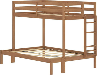 Grain & Grove Bear Twin Over Full Bunk Bed, Sturdy Bunk Bed Frame for Kids, Plywood Bunk with Ladder, Guardrail, and Slats, No Box Spring Required, Oak Embossed Pecan