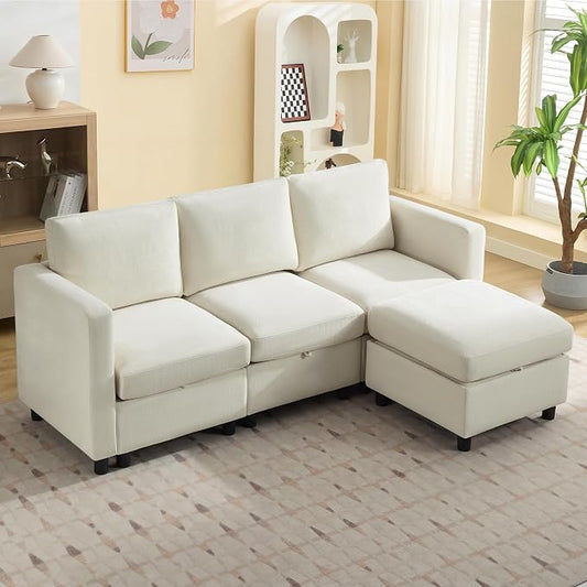 WUTUTUEE 83”L-Shaped Modular Sectional Sofa with Storage & Movable Ottoman, Convertible 4-Seat Reversible Chaise Chenille Couch for Living Room, Soft Beige Fabric, Modern Design