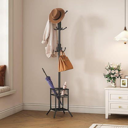 ELYKEN Coat Rack Freestanding, Metal Coat Rack with Umbrella Holder | 12 Hooks, Square Base, Heavy Duty Floor Standing Coat Tree for Entryway, Hallway, Living Room, Bedroom, Office, Black